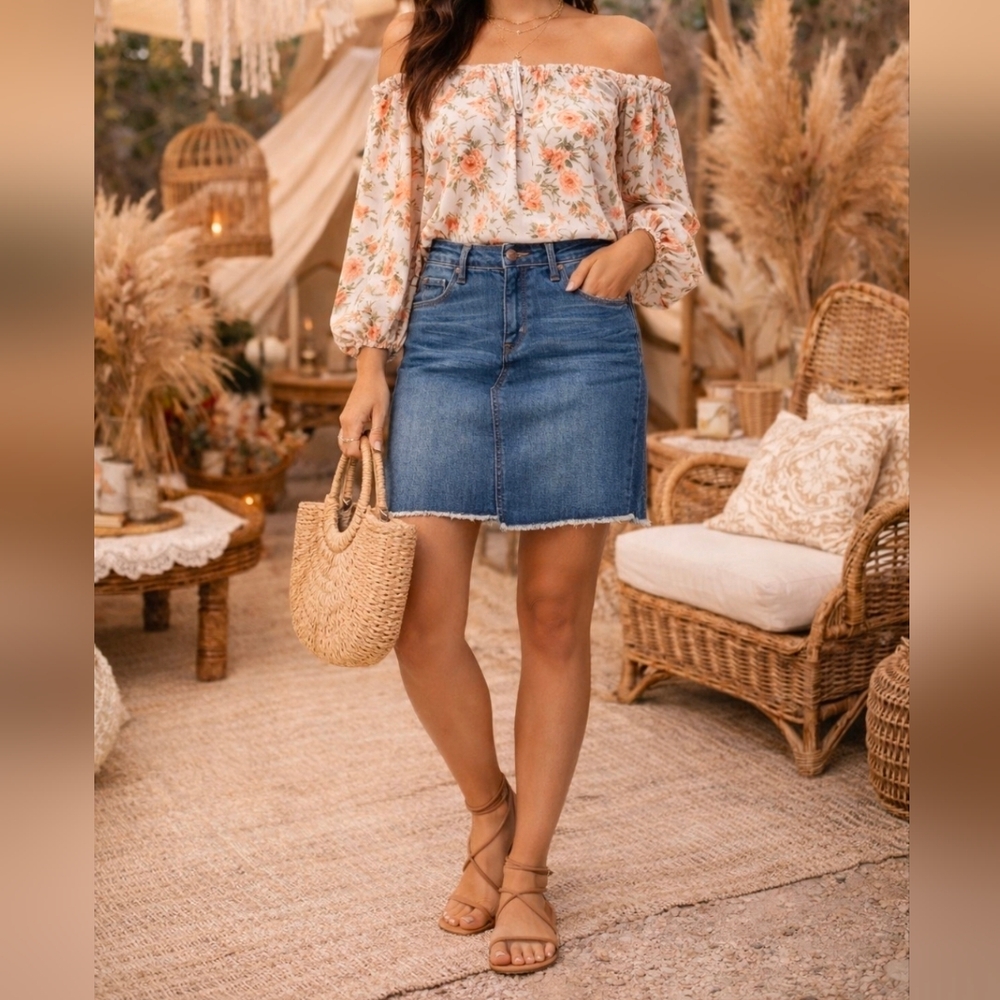 Hollywood & Vine Denim Mini Skirt | Medium Wash | Raw Hem | Revolve NWT!